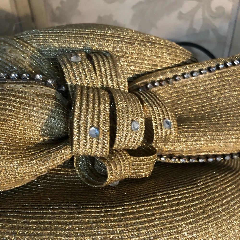 Vintage Wide Brim Embellished Gold Metallic Hat - Picture 8 of 11